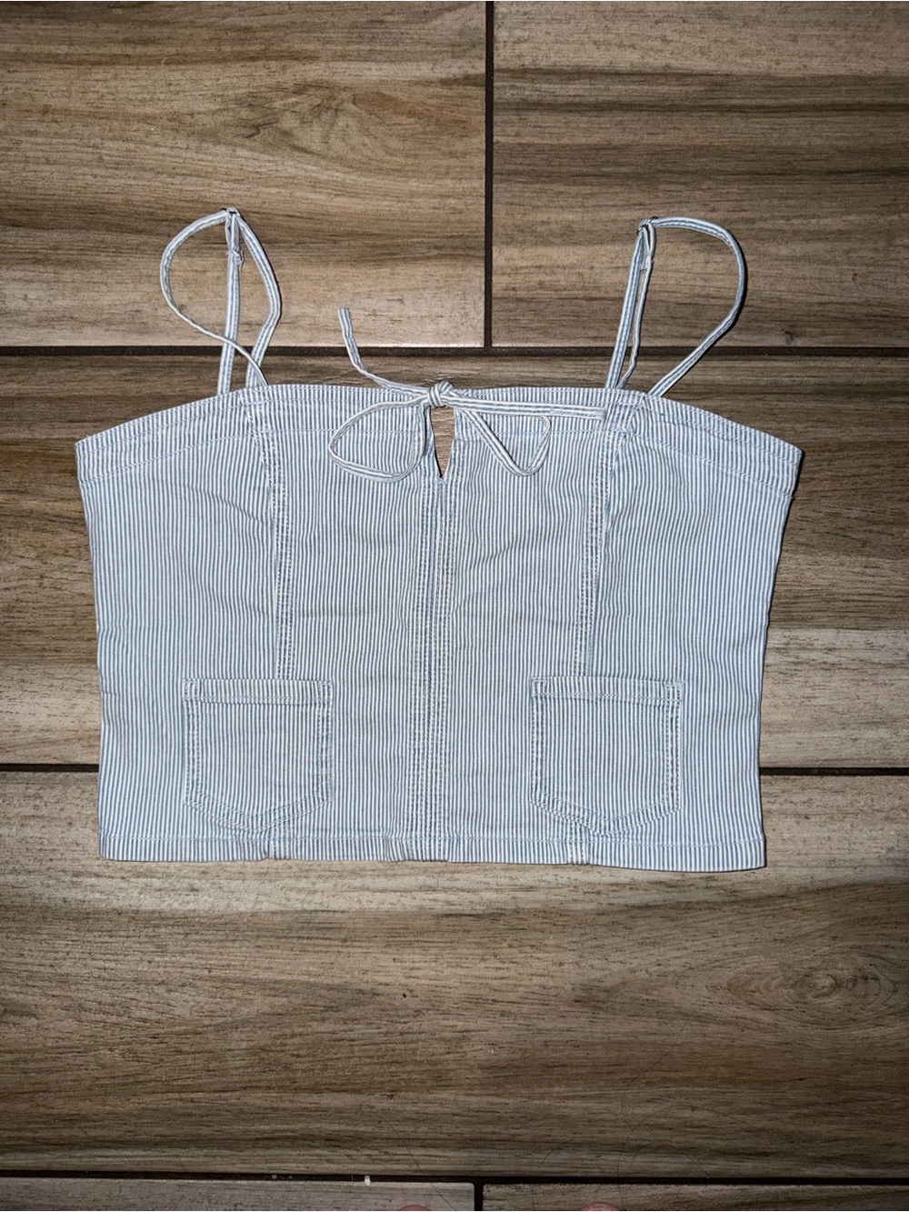 American Eagle Outfitters Blue and White Pinstripe Tie-Front Crop Top